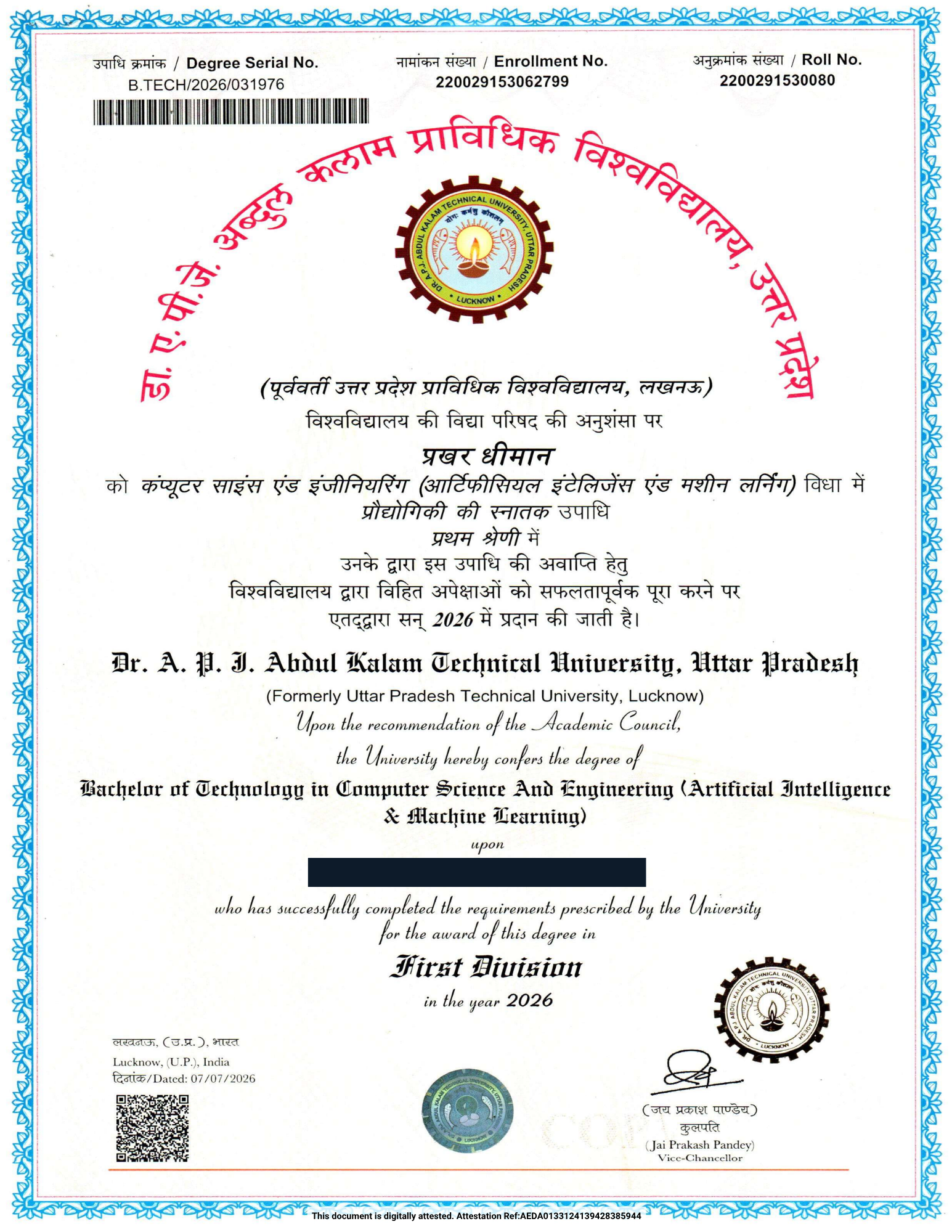 Original degree certificate